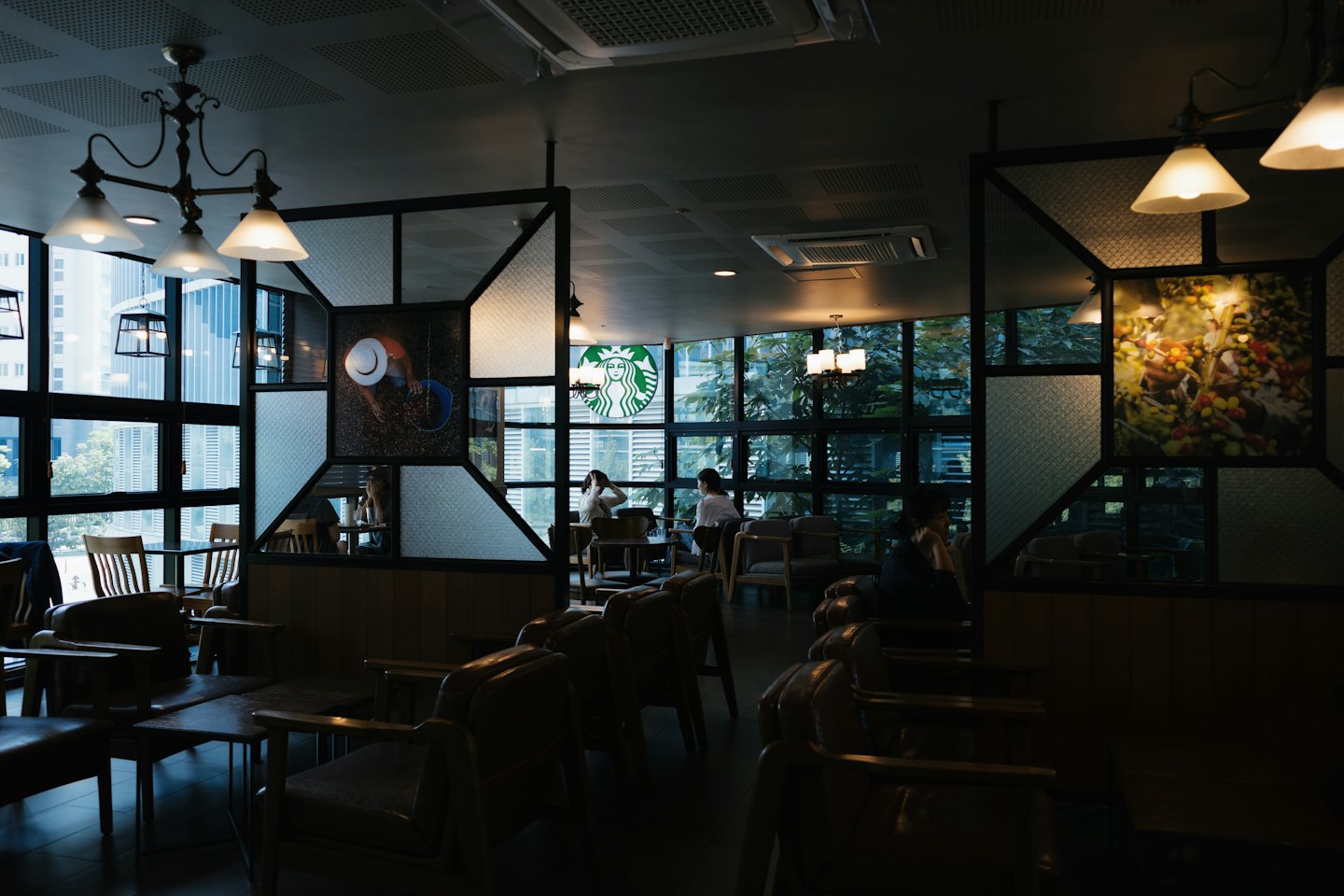 Customers relax in a cozy coffee shop with natural light.